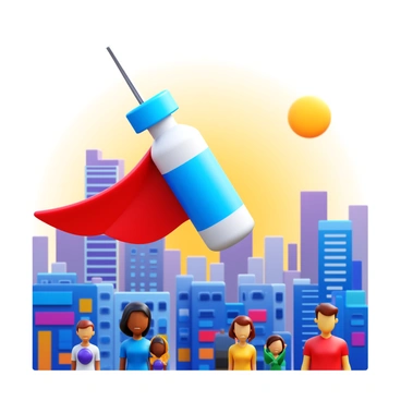 A vaccine vial with a sleek design in bright colors, featuring a cape fluttering in the wind. The vial has a determined expression, symbolizing bravery and strength. It is soaring high above a cityscape, with skyscrapers and bustling streets below. The city is filled with small, colorful buildings, and the sun is setting in the background, casting a warm glow over the scene. The citizens below are looking up, with expressions of hope and admiration as they see the vial flying overhead, creating a sense of safety and protection.