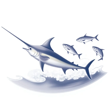 A marlin with distinctive elongated body and sharp bill is pursuing a school of smaller fish. The marlin is positioned at the forefront, showcasing its streamlined shape and powerful fins as it cuts through the water. The smaller fish, appearing as a tightly clustered formation, are swimming frantically in various directions, their reflective scales catching the light. The ocean environment features gentle waves, with dynamic lines illustrating the movement of water around the marlin and the school of fish.