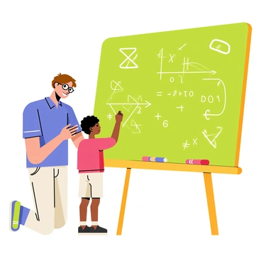 A teacher with glasses and brown hair is standing next to a colorful chalkboard filled with various math problems and diagrams. The teacher is wearing a blue shirt and is kneeling down to help a young child. The child, with curly black hair and wearing a red shirt, is focused on a math problem. The chalkboard has bright colors, with yellow, green, and pink chalk drawings, and there are several pieces of chalk on the desk nearby.