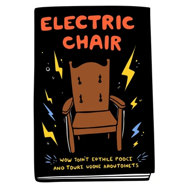 The cover of a fictional novel, featuring a large, vintage-style electric chair positioned prominently in the center. The chair is intricately designed with visible wires and leather straps. Surrounding the chair, there are several captivating graphics that include lightning bolts and abstract shapes, creating a sense of energy and tension. The title of the novel is displayed prominently at the top in bold, stylized font, while an intriguing tagline is positioned beneath the chair in a smaller font. The overall color palette consists of dark tones with contrasting bright accents, enhancing the dramatic effect.