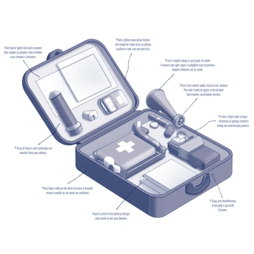 A visual guide displaying an emergency kit designed for use near an earthquake epicenter. The kit is open, revealing essential items neatly arranged inside. There is a first aid kit prominently featured, along with a flashlight and a set of batteries next to it. A multi-tool is placed nearby, alongside a whistle for signaling. Non-perishable food items are stacked, and a sealed water container is clearly visible. A thermal blanket is folded, and a set of emergency contact cards are positioned on top. Each item is labeled with clear text in quotes for easy identification.