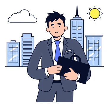 A businessman in a tailored dark grey suit is standing confidently. He has short, neatly styled black hair and is wearing a crisp white shirt with a blue tie. In his right hand, he holds a black leather briefcase. The background features a detailed city skyline with several tall buildings, including a skyscraper with glass windows reflecting the sun. The sky is clear with a few scattered clouds.