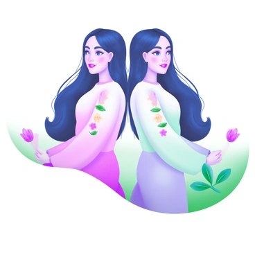 Two identical twins standing back-to-back, creating a mirrored effect. Each twin has long, flowing hair and is wearing matching pastel-colored outfits. Their expressions are calm and serene. The background is a soft gradient of pastel colors, enhancing the mirrored appearance. Delicate floral patterns are subtly integrated into their clothing, adding a touch of elegance to the scene.