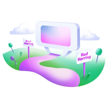 A winding path illustrated in pastel colors, leading away from a large, stylized conversation bubble. The conversation bubble is filled with a gradient of soft blue and pink, giving it a modern look. Along the path, several "Red Herring" signs are placed at intervals, each sign prominently featuring bold red text against a white background. The surrounding environment is a gentle landscape with rolling hills, soft clouds in a light sky, and a few whimsical trees to embellish the scene.