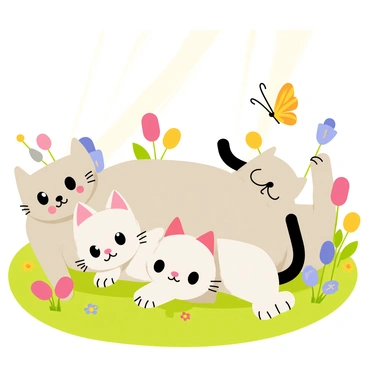 A group of playful Persian kittens with fluffy fur in shades of cream, grey, and white are tumbling over each other in a vibrant garden. The kittens have big, expressive eyes and tiny paws, engaging in a lively game. They are surrounded by bright green grass dotted with colorful flowers in shades of pink, yellow, and blue. Rays of sunlight filter down, creating a warm atmosphere as the kittens chase after a fluttering butterfly nearby.