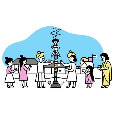 A traditional village scene features several residents gathered around a tall, decorated "dahi handi" pole. The pole is adorned with colorful ribbons and flowers. A group of men, wearing white dhotis and colorful turbans, are seen preparing to form a human pyramid. Women in vibrant sarees stand nearby, clapping and cheering. Children are excitedly watching, with some holding small bowls and others waving flags. The setting is lively, showcasing a clear blue sky and simple village houses in the background.