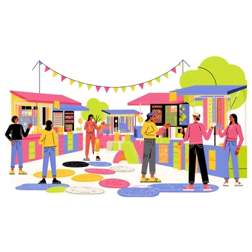 A bustling market scene filled with activity. There are several vendors with vibrant stalls showcasing "colorful tapis" and a variety of "textiles" hanging from their displays. Shoppers are seen examining the fabrics, with some holding "brightly patterned tapis" in their hands. The market is lively, with people interacting, negotiating prices, and enjoying the atmosphere. The ground is covered with a mix of "textiles" draped and spread out for display. In the background, a few trees provide shade, and strings of decorative flags flutter above the market.