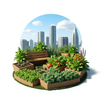 A rooftop garden nestled atop a tall city building, brimming with a variety of vegetables and colorful flowers. The garden features vibrant green lettuce, red tomatoes, and bright orange marigolds interspersed among the plants. Raised wooden planters are filled with fragrant herbs such as basil and mint. The scene includes a rustic wooden bench positioned amidst the greenery, and a clear blue sky overhead, contrasting with the urban skyline in the background. A gentle breeze sways the flowers, adding a sense of life and movement to the serene garden space.