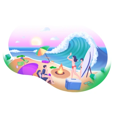 A beach scene depicting a lively beach party set against a backdrop of ocean waves that are aggressively rising. The waves are depicted in varying shades of blue and white, crashing towards the shore with a sense of motion. In the foreground, there are colorful beach umbrellas and towels scattered on the sand. People are gathered around a beach bonfire, with some laughing and others looking concerned as they notice the rising water. A surfboard leans against a beach chair, and a cooler is placed nearby, half-buried in the sand. The sky above is filled with soft pastel colors, suggesting the time of sunset.