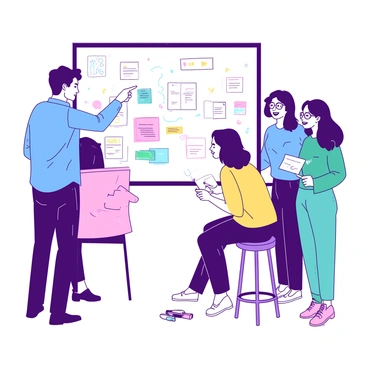 A team of four people is gathered around a large whiteboard covered in various colorful sketches and notes. One person, wearing a blue shirt, is standing and enthusiastically pointing at an idea on the board. Another person, dressed in a pink blouse, is sitting on a stool with a notepad, writing down ideas. The third person, wearing glasses and a yellow shirt, is leaning in closely, smiling as they discuss with the group. The fourth person, in a teal sweater, is standing beside the whiteboard, holding a marker and adding to the sketches. All four individuals have bright smiles, clearly engaged in their collaborative brainstorming session.