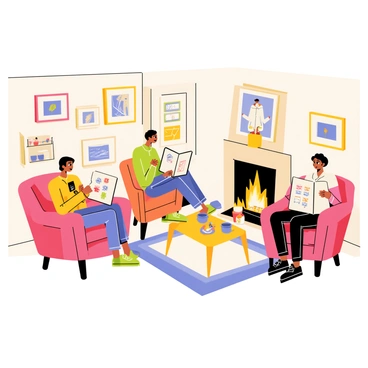 A cozy art salon featuring a warm, inviting atmosphere. There are several illustrators gathered, engaged in conversation. One illustrator has a sketchbook open, displaying various colorful sketches. Another illustrator is showcasing a detailed pencil drawing. A crackling fireplace is positioned at one end of the room, providing soft, flickering light. The walls are adorned with framed artwork, and there are plush armchairs scattered throughout the space. A small coffee table in the center holds cups of tea and art supplies. The floor is covered with a soft, patterned rug, enhancing the intimate setting.