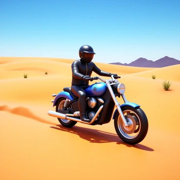 A rider wearing a black leather jacket and a helmet is seated on a sleek BMW motorcycle. The motorcycle has a shiny metallic finish, reflecting the bright sunlight. The rider is cruising through a vast desert landscape featuring rolling sand dunes under a clear blue sky. Sparse patches of dry vegetation dot the sandy terrain, and distant mountains can be seen on the horizon. The scene captures the sense of freedom and adventure as the motorcycle leaves a trail in the sand.