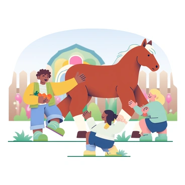 A group of three children is gathered around a gentle mustang at a family-friendly farm. One child, a boy with curly brown hair, is holding a handful of fresh carrots and is extending his arm towards the mustang, which has a beautiful chestnut coat and a flowing mane. Another child, a girl with long black hair tied in a ponytail, is gently petting the horse's neck while smiling happily. The third child, a girl with short blonde hair, is squatting beside the horse, reaching out to touch its leg. The farm setting features a wooden fence in the background, with green grass and a clear blue sky above. A colorful barn can be seen to the side, adding to the cheerful atmosphere of the scene.