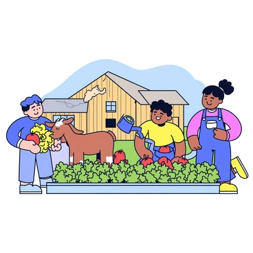 A group of three friends is working together at a farm. One friend is feeding a brown goat with a white patch on its face, holding a handful of hay. Another friend is crouched down, carefully picking bright red tomatoes from a green bush. The third friend is watering a row of leafy green plants, using a blue watering can. The background features a wooden barn and a clear blue sky.
