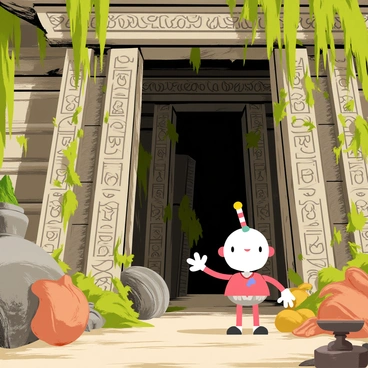 Cuphead, a character with a round cup-like head and a straw, is seen standing in front of an ancient temple. The temple features large stone walls covered in intricate carvings depicting mythical creatures and ornate patterns. The entrance of the temple is partially hidden by overgrown vines and moss. Inside, faint light filters through cracks, revealing hidden passages and mysterious shadows. Various artifacts and relics, such as old pottery and broken statues, are scattered around, adding an air of adventure and discovery.