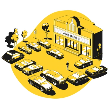 A movie theater parking lot filled with numerous cars parked closely together. The vehicles vary in size and model, with some featuring distinct shapes and styles. The scene is illuminated by bright, glowing signs displaying the movie titles, casting yellow and white light across the asphalt. Shadows from the cars stretch out, creating contrast with the light. A few pedestrians can be seen walking towards the entrance of the theater, adding life to the setting. In the background, the theater building stands prominently with its marquee shining brightly.
