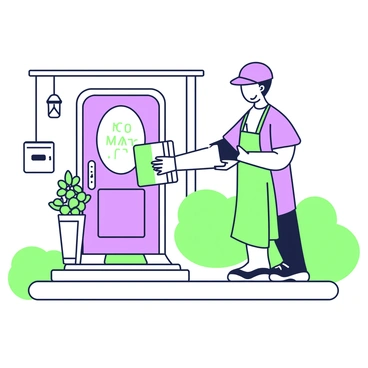 A postal worker is standing on the front porch of a cozy house. The postal worker is wearing a uniform and is holding a package in their hands, extending it towards a recipient. The recipient, a person with a bright smile, is reaching out to accept the package. The house in the background features a welcoming entrance with a small garden filled with flowers. There are decorative elements like a mailbox and a welcome mat visible at the front door. The scene conveys a sense of happiness and community interaction.