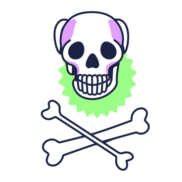 A classic dog skull is centered at the top of the image, featuring defined jawbones and prominent teeth. Beneath the skull, there are two crossbones arranged in an X shape, extending outward from the skull. The skull has a symmetrical structure, and the eye sockets appear hollow. The crossbones are depicted with a slight curvature, emphasizing their shape. The overall composition is unified, with the skull directly above the crossbones, creating a balanced visual arrangement.