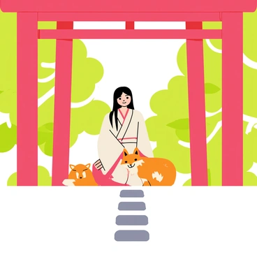 A miko wearing a traditional white and red outfit is sitting calmly at the entrance of a wooden shrine. Her long black hair is styled neatly, and she has a serene expression on her face. Beside her, a friendly fox with orange fur is curled up, looking content and alert. The shrine is adorned with vibrant red torii gates and lush green trees in the background. Soft sunlight filters through the leaves, casting gentle shadows around them. In the foreground, there are small stones leading up to the shrine, creating a welcoming path.