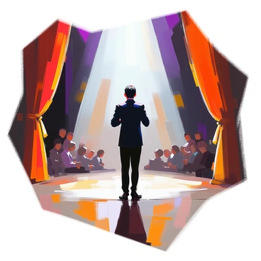 A solo clarinetist with dark hair and a formal black outfit stands in the center of a grand stage. A bright spotlight shines down, illuminating the musician and creating a dramatic contrast with the surrounding darkness. The clarinetist holds the instrument with both hands, focusing intently on the music. On either side of the stage, elegant curtains in deep red and gold frame the performance area, adding to the grandeur of the setting. The audience is faintly visible in the shadows, captivated by the performance.