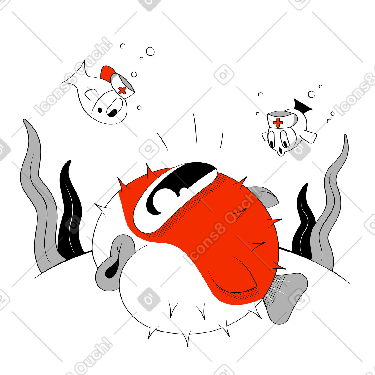 Ilustración El pez globo recibe ayuda médica de otros peces en estilo Looney a descargar en PNG y SVG