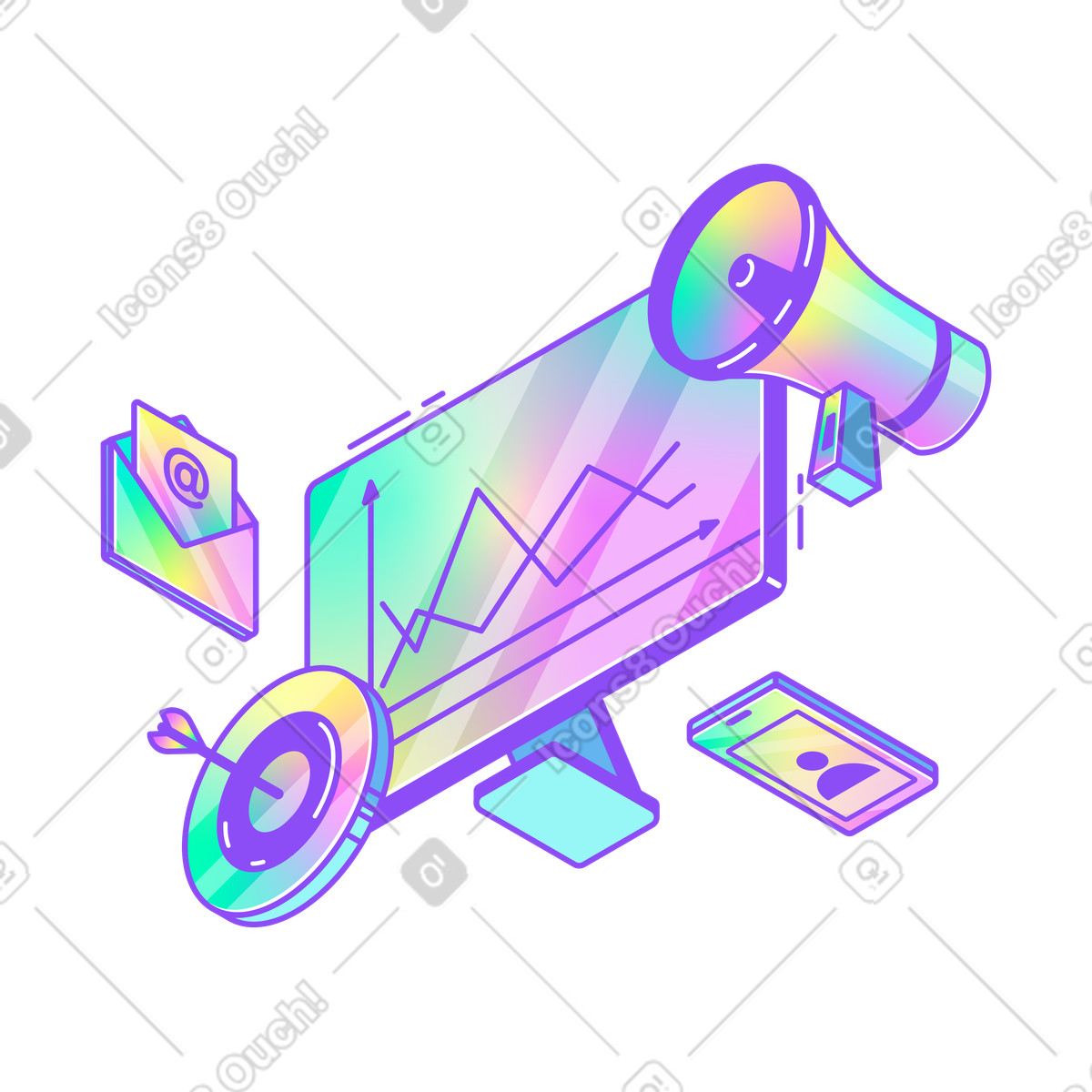 Illustration Marketing digital : tendances du marché et promotions dans le style Holographic à télécharger aux formats PNG, SVG
