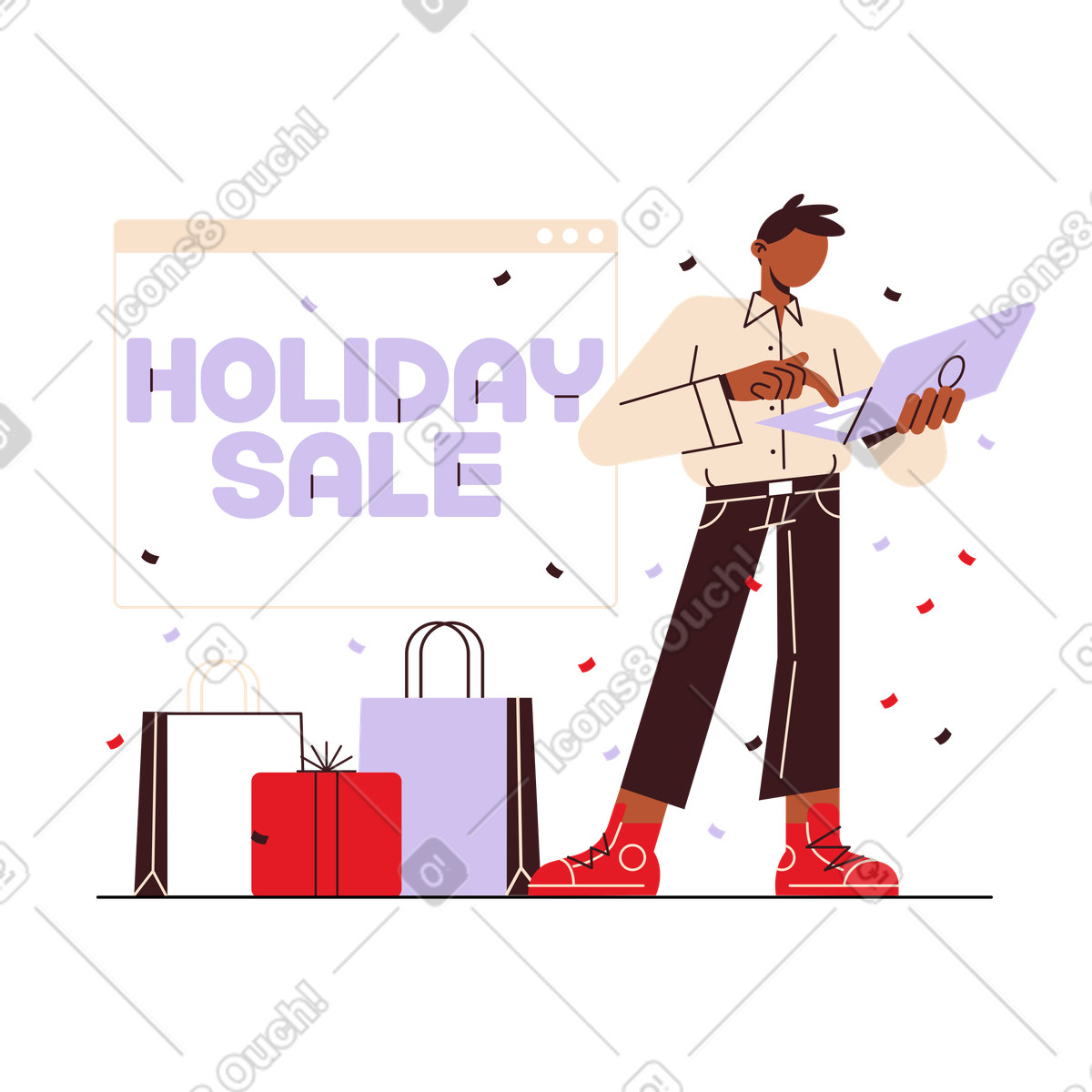 Lettering holiday sale con un uomo che acquista testo online illustrazione in stile Folks scarica in PNG, SVG