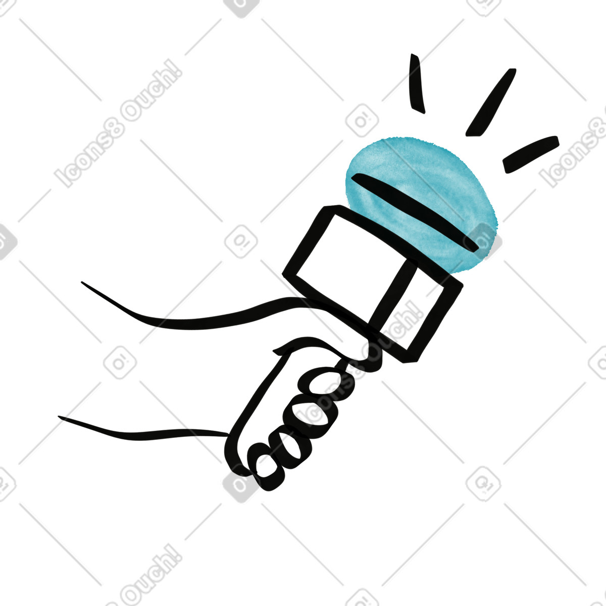 Illustration Interview microphone in hand with sound lines broadcasting live event dans le style Watercolor sketch à télécharger aux formats PNG, SVG