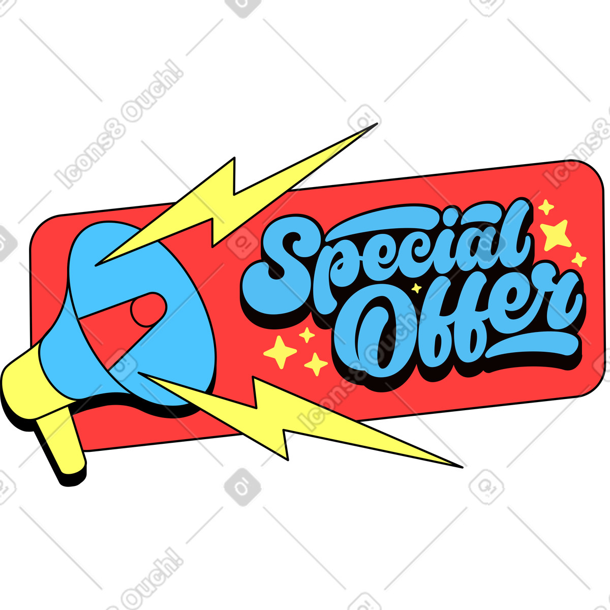 Ilustración Oferta especial de letras con texto altavoz carga en estilo Lettering a descargar en PNG y SVG