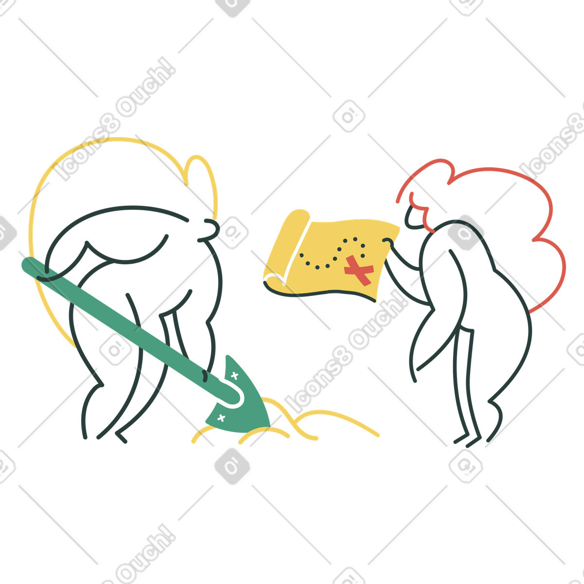 People looking for treasure with a map illustration in Macaroni style download in PNG, SVG