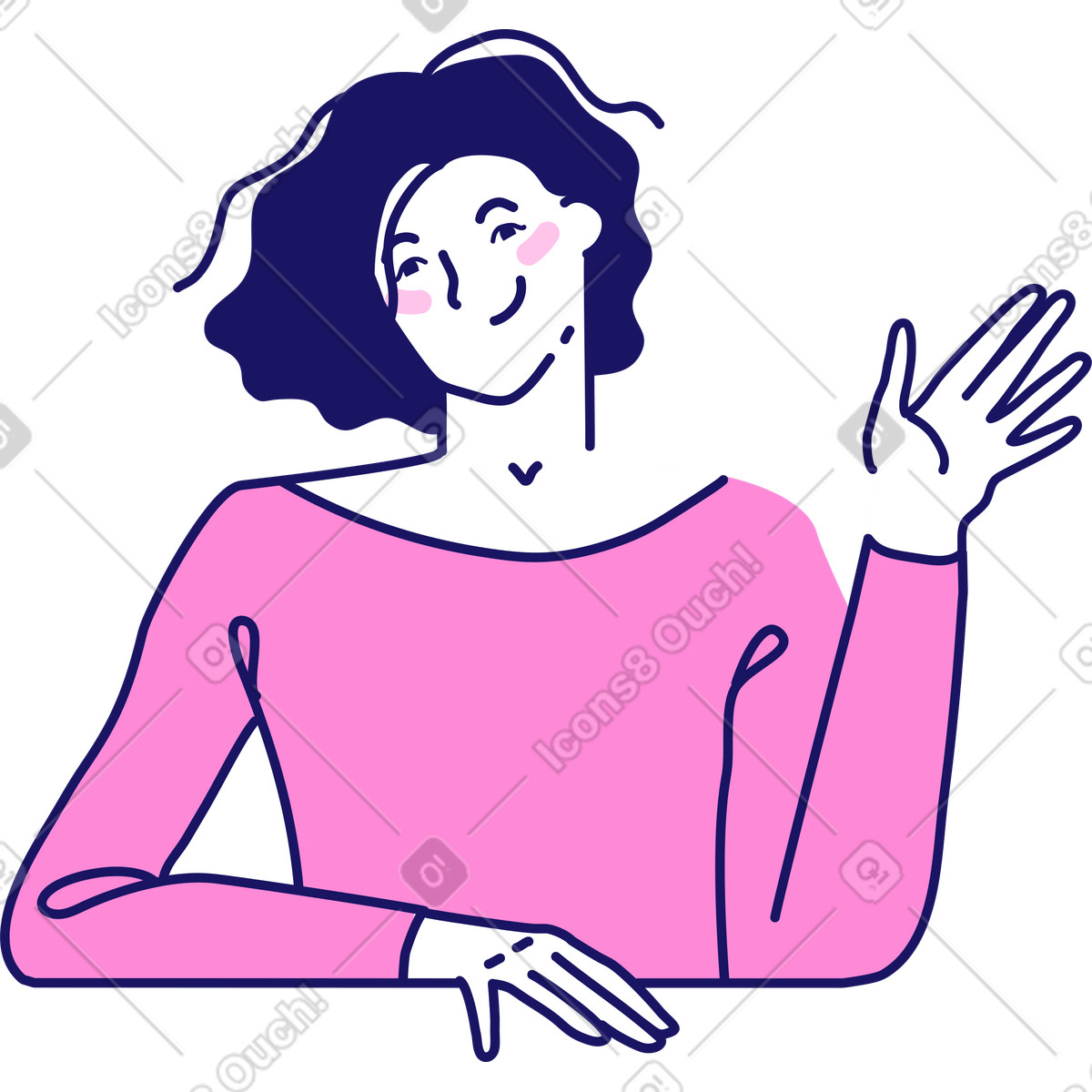 Illustration Femme souriante aux cheveux ondulés assise à la table et agitant main dans le style Matey télécharger formats PNG, SVG