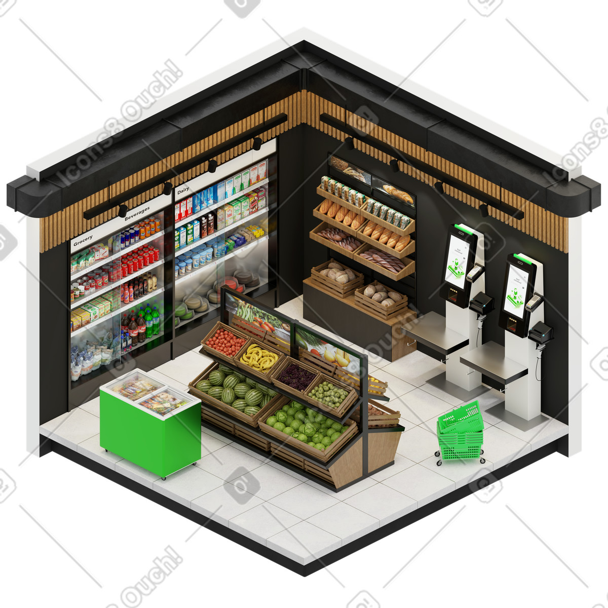Ilustración Tienda de comestibles isométrica en estilo 3D Rooms a descargar en PNG y SVG