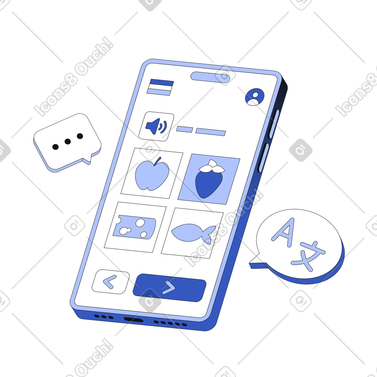 Language learning app interface on mobile phone illustration in Techny style download in PNG, SVG