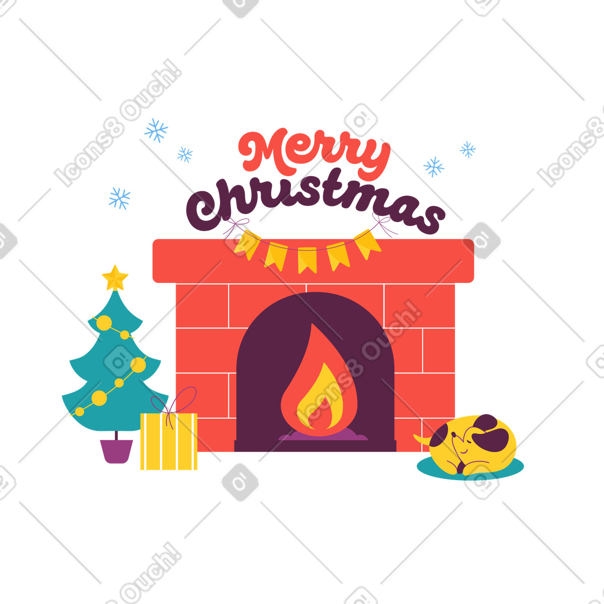 Ilustración animada Dog resting by fireplace and decorated Christmas tree, Cozy holiday interior festive mood en estilo Sammy a descargar en GIF, Lottie (JSON), AE