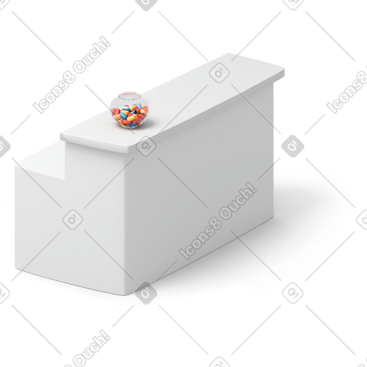 Ilustración Mostrador de recepción oficina con tazón dulces en estilo 3D Flame a descargar en PNG y SVG