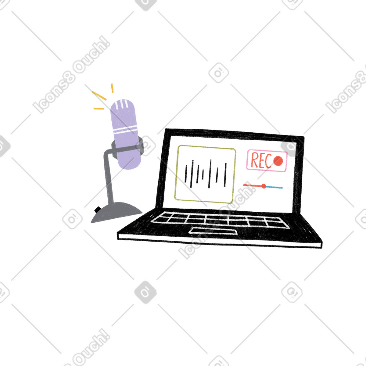 Recording a podcast with laptop-Illustration im Tutti-Stil als Download in PNG, SVG
