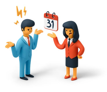 Two characters discussing a calendar date - 3D Flame style illustration