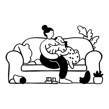 Someone cuddling with a pet on the couch, both looking relaxed and happy.