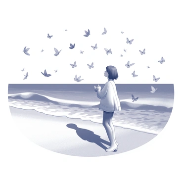 A person standing on a sandy beach at the edge of the ocean. The individual is gazing out at the waves, clothing gently billowing in the breeze. A swarm of butterflies surrounds them, gracefully fluttering in the air, creating a dynamic movement around the figure. The scene captures the play of light on the water and the intricate patterns of the butterflies' wings as they embrace the person in a delicate swirl. The ocean stretches out in the background, meeting the horizon under a clear sky.