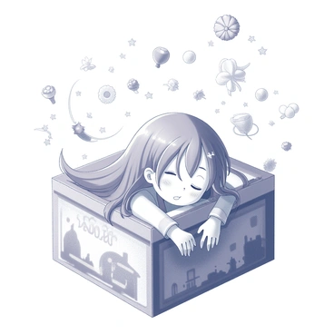Nami dreaming while resting her head on an open illustrated box, with her dreams coming to life around her.