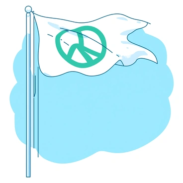 A white flag is waving in the wind, prominently displaying intricate symbols of peace and unity in a teal color. The flag is attached to a tall, sturdy flagpole that is firmly planted into the ground. The background features a clear blue sky, allowing the sunlight to illuminate the symbols on the flag. The flag appears to flutter gracefully, conveying a sense of hope and harmony.