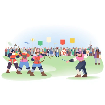 A medieval tournament takes place in an open field filled with spectators dressed in historical clothing. In the foreground, several archers are positioned on a grassy area, aiming their bows with intense concentration. Their clothing features vibrant colors and intricate patterns, with some wearing leather armor. Arrows are shown mid-flight, leaving behind a faint trail against a clear blue sky. Targets are set in the distance, with some arrows just striking the bullseyes. A few knights on horseback can be seen in the background, observing the competition. Banners in various colors flutter in the gentle breeze around the tournament grounds.