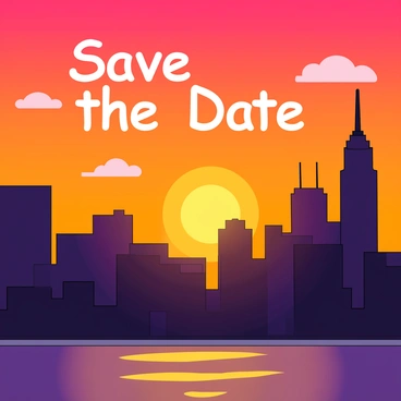 A vibrant city skyline with tall buildings and a variety of architectural styles, silhouetted against a warm sunset sky filled with shades of orange, pink, and purple. The sun is partially visible, casting a golden glow over the rooftops. In the sky, the words "Save the Date" are illuminated in bright white letters, standing out against the colorful backdrop. A few fluffy clouds drift across the sunset, enhancing the scene's charm. The ground below reflects the light from the setting sun, creating a dazzling effect on the streets.