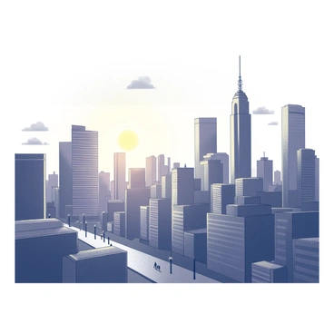 A bustling city skyline transitioning from day to night