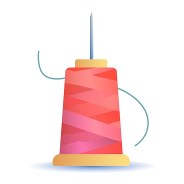 A spool of red thread is standing upright on a wooden surface. The thread is tightly wound around the spool. A silver needle is inserted into the top of the spool, with the eye of the needle catching a glint of light. The background is softly blurred to emphasize the spool and needle, while subtle shadows create depth below the spool.
