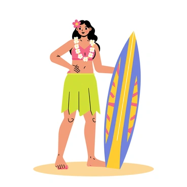 A hula girl wearing a bright green grass skirt and a floral lei is posing confidently. She has long, flowing black hair adorned with a pink hibiscus flower. Next to her stands a colorful surfboard, featuring vibrant patterns of blue, yellow, and red. The background is a sandy beach with gentle waves in the distance, completing the tropical setting.