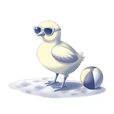 A beach-going chick standing on warm sand with tiny sunglasses and a beach ball