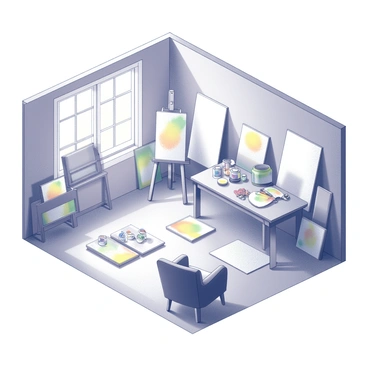 An isometric illustration of an artist's studio. The room features an array of canvases positioned against the walls, some leaning and others mounted. A large easel stands in the center, displaying a partially painted artwork. There are various paint supplies scattered across a wooden table, including brushes in jars and tubes of paint. The floor is cluttered with colorful artwork, some framed and others unframed, showcasing a range of creative expressions. A cozy armchair sits in one corner, inviting creativity and relaxation. Natural light streams in through a large window, illuminating the space.