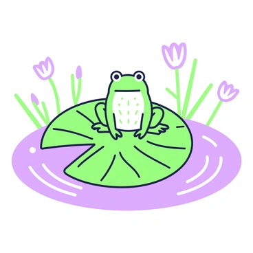 A frog is sitting on a lily pad in a tranquil pond. The frog has a detailed texture on its skin and is positioned upright, facing forward. The lily pad is large and round, featuring prominent veins and edges. Around the lily pad, the water has gentle ripples spreading outwards, creating a circular pattern. A few small water droplets are present on the lily pad's surface, reflecting the surrounding environment. In the background, there are blurred outlines of other lily pads and aquatic plants, enhancing the scene's natural setting.