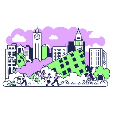 A historical illustration depicting a significant earthquake event. In the center of the image, there is a cityscape showing buildings in various states of collapse. Some structures are partially tilted while others are crumbling. People are depicted in the foreground, running and reacting to the chaos. There are clouds of dust rising from the ground, and small debris is scattered across the street. In the background, a large clock tower indicates the time of the event. The sky is filled with darkened clouds, enhancing the atmosphere of urgency and turmoil.